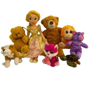 8 Stuffed Animal Plushie‎ Bundle - Rapunzel Doll Teddy Bear Turtle Dog Pig Cat